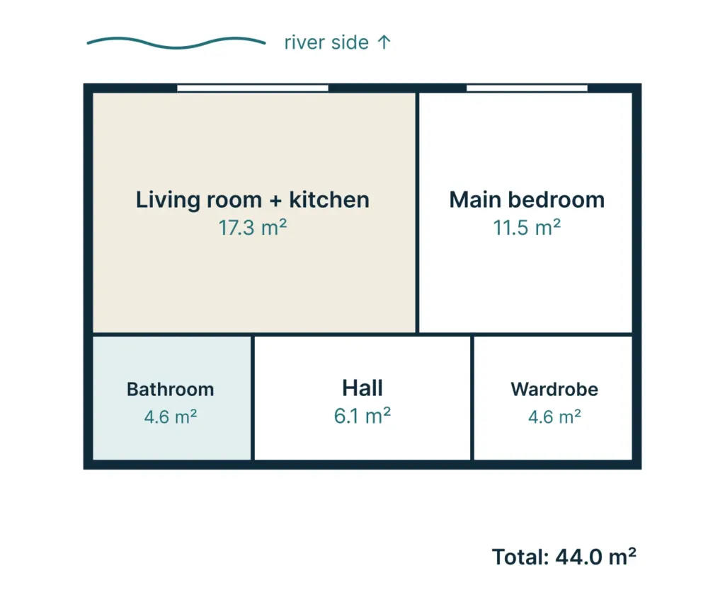 Floor plan of apartment M-34: 2 rooms, 43.7 m²