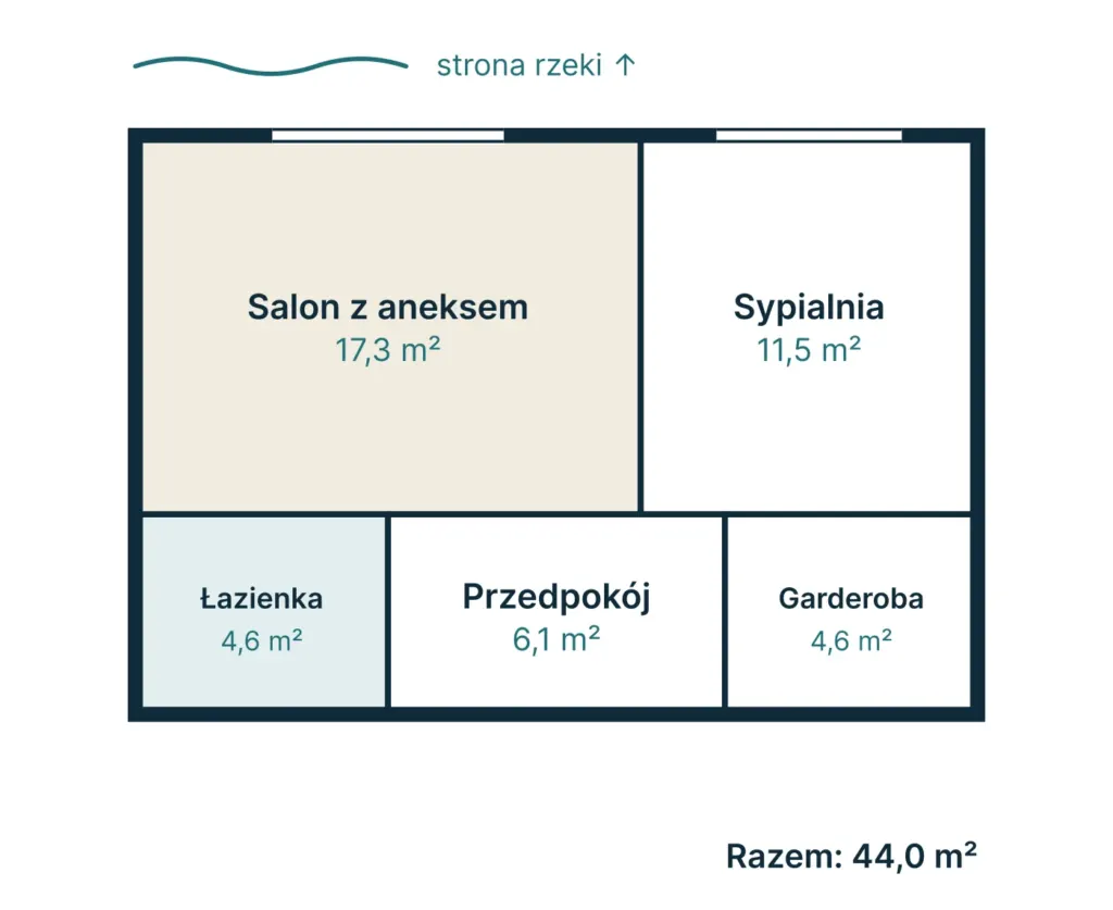 Rzut mieszkania M-34: 2 pokoje, 43,7 m²