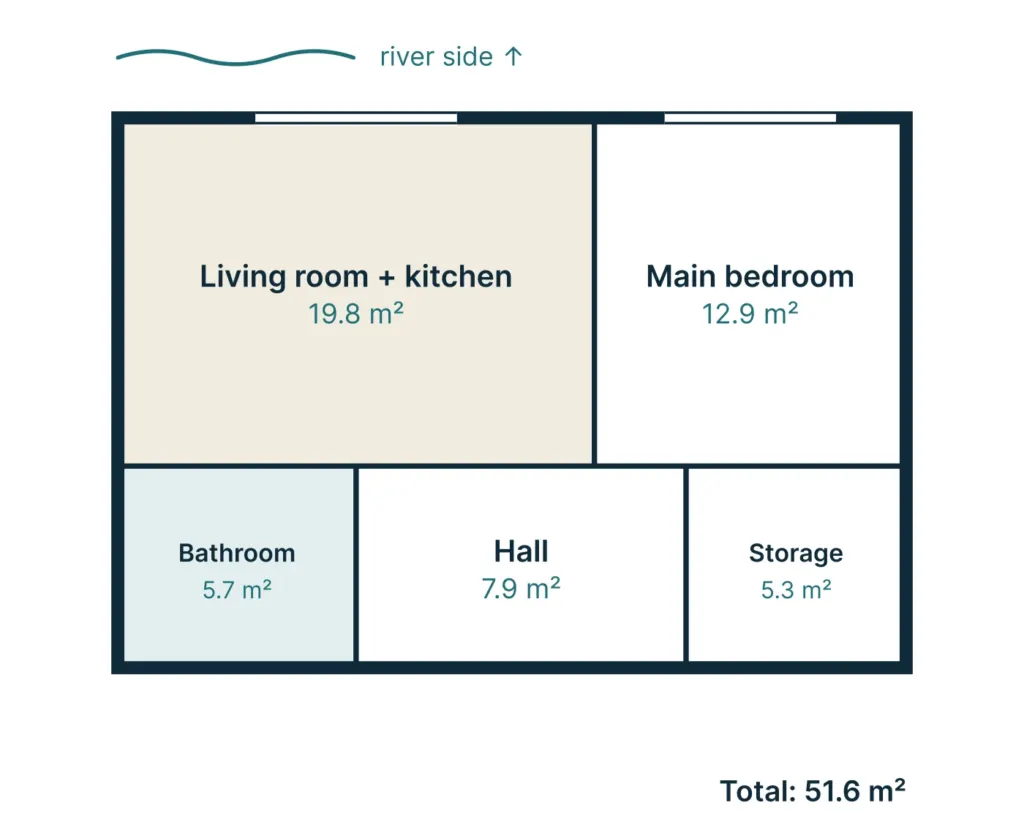 Floor plan of apartment M-02: 2 rooms, 51.3 m²