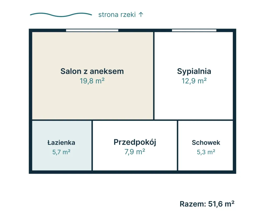 Rzut mieszkania M-22: 2 pokoje, 51,9 m²